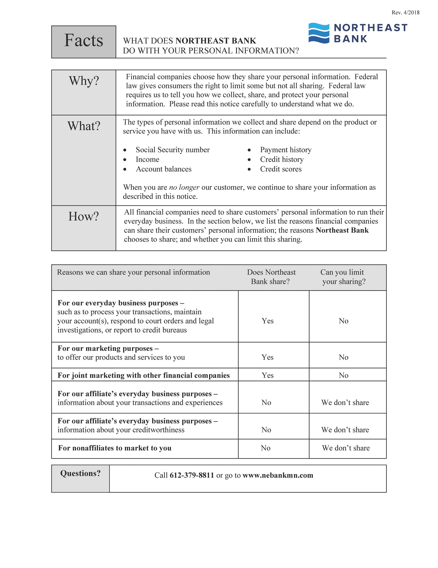 Northeast Bank's Privacy Policy Page 1