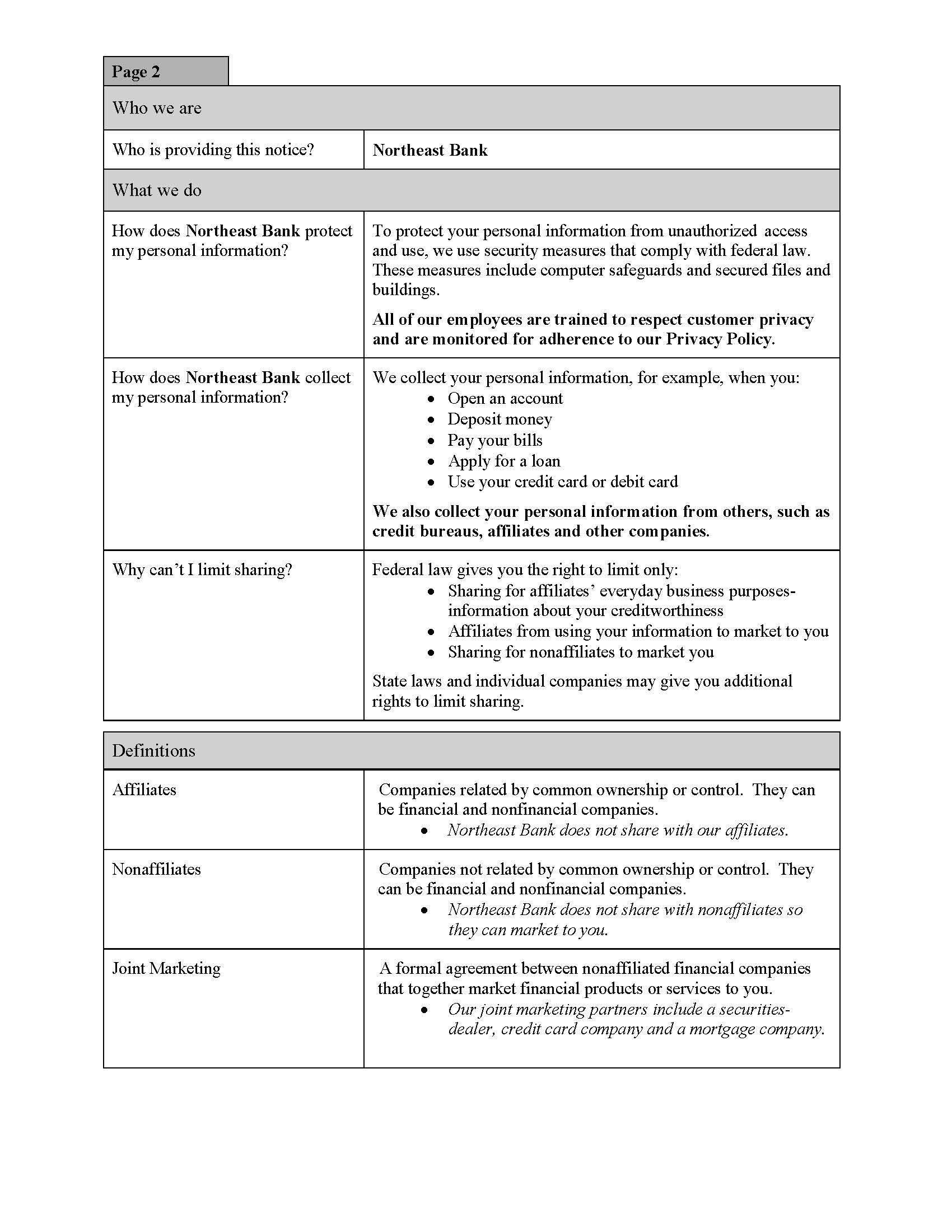 Page two of Northeast Bank's Privacy Policy